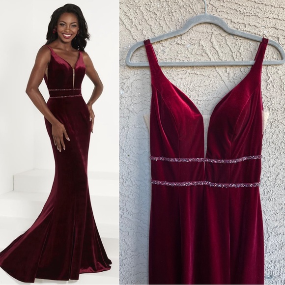 TIFFANY DESIGNS Burgundy Wine Velvet Beaded V Neck Prom Gown Formal Dress Sz 4 - Picture 9 of 12